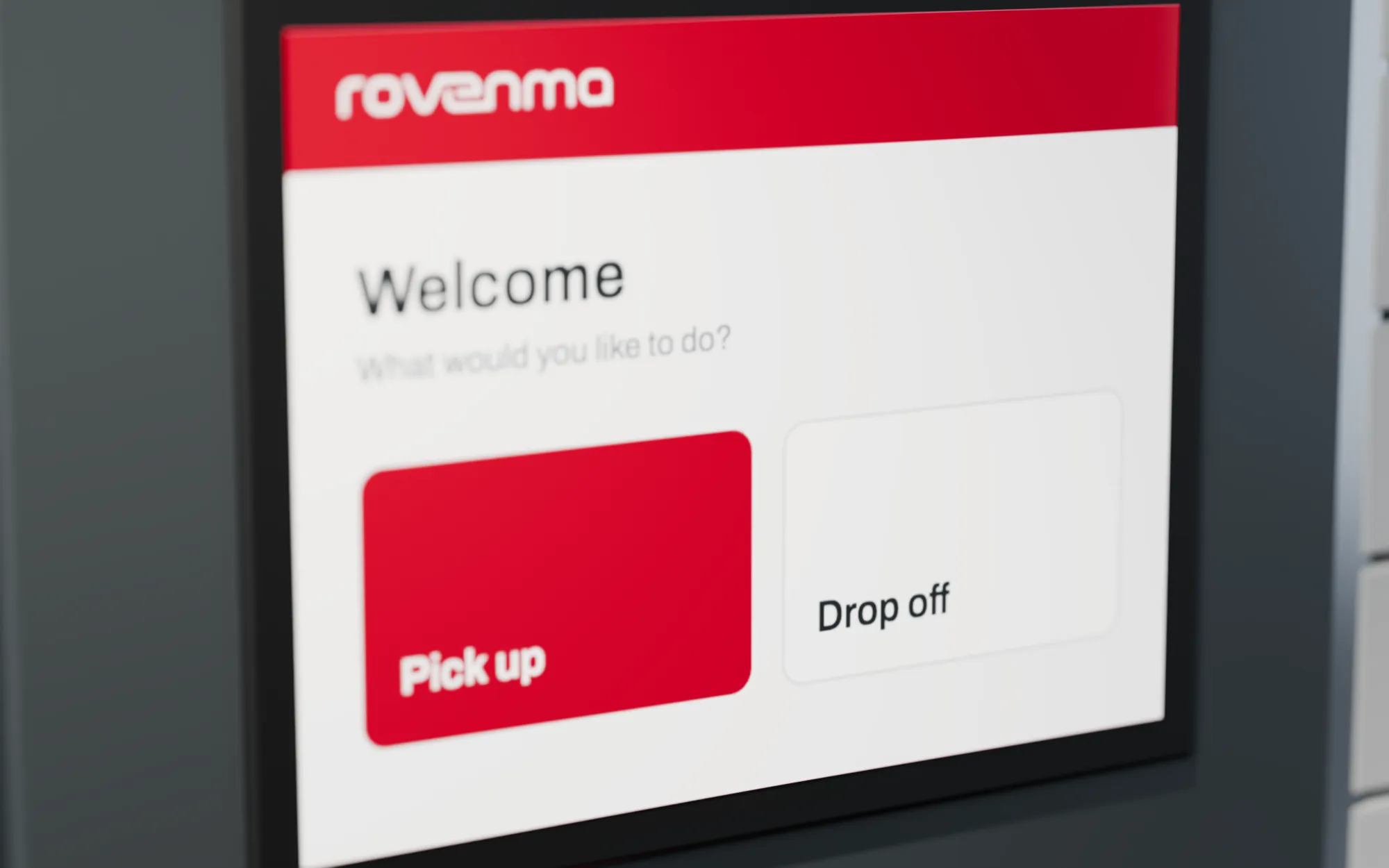 Close-up of the R7's touchscreen showing the welcome screen, with Pick up and Drop off