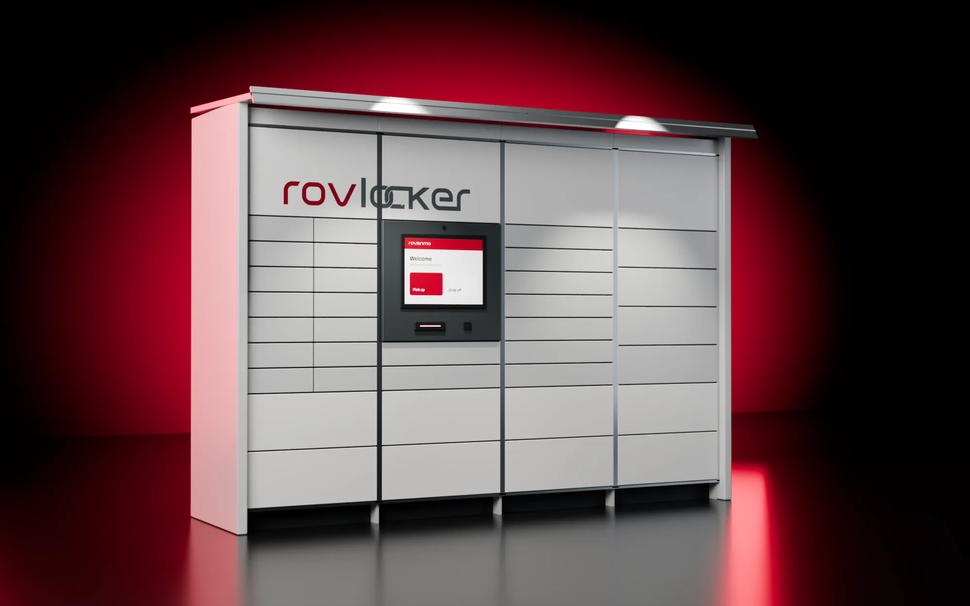Rovlocker R7 with four modules in a dark studio: the touchscreen console in the second column, the Rovlocker logotype across the top doors, a canopy over it