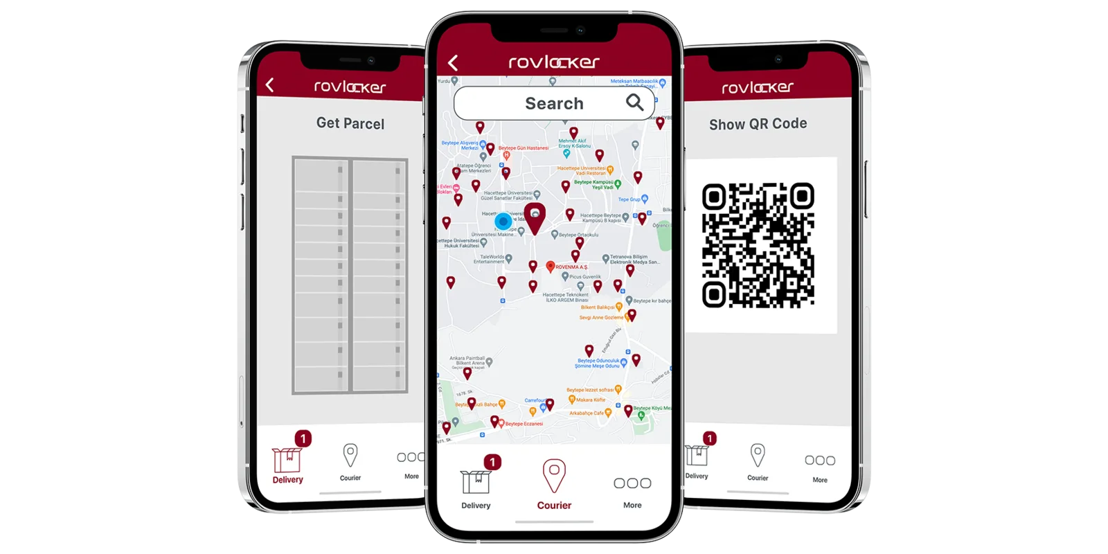 The Rovlocker mobile app: a compartment grid to get a parcel, a map of nearby lockers, and a QR code for pickup