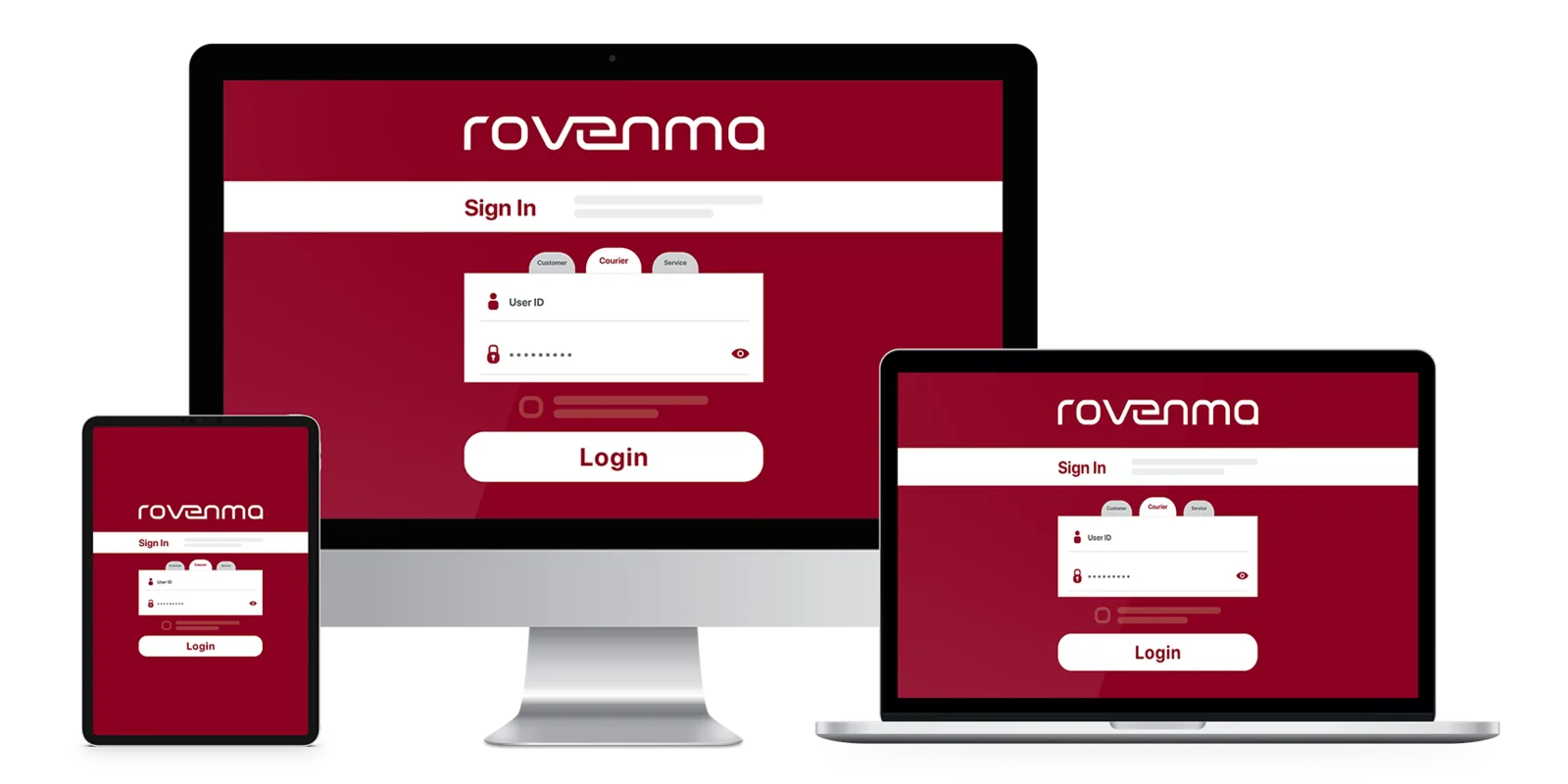 Rovlocker’s remote management portal sign-in on a desktop, a laptop and a tablet, with customer, courier and service tabs