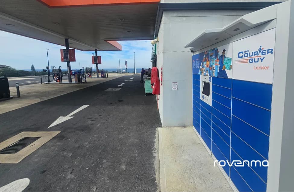 A Courier Guy locker installed beside a petrol station forecourt